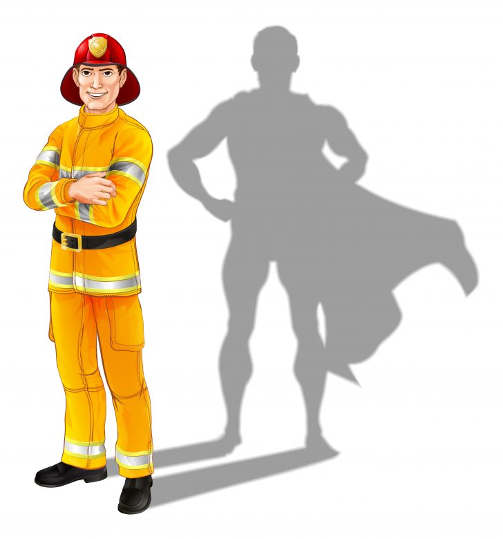A firefighter with a superhero shadow