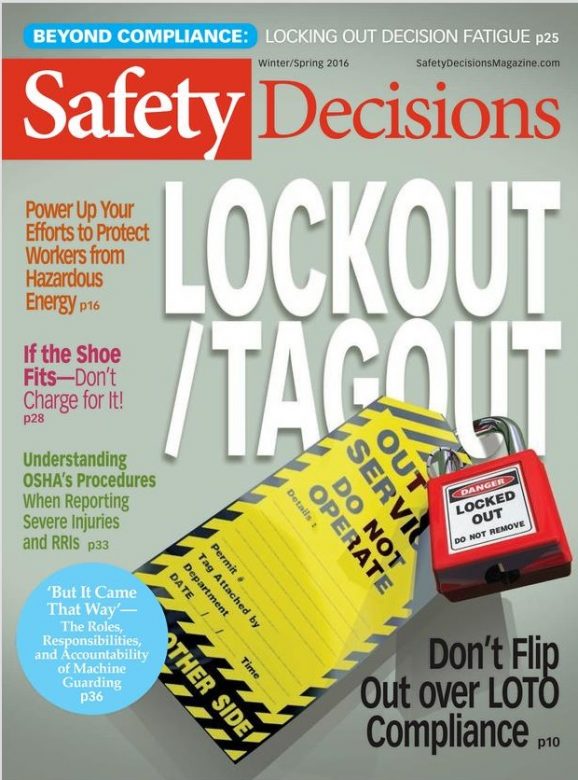 The cover of Safety Decision's Winter/Spring 2016 magazine featuring a Beyond Compliance column by SafeStart's Marketing Manager Ray Prest