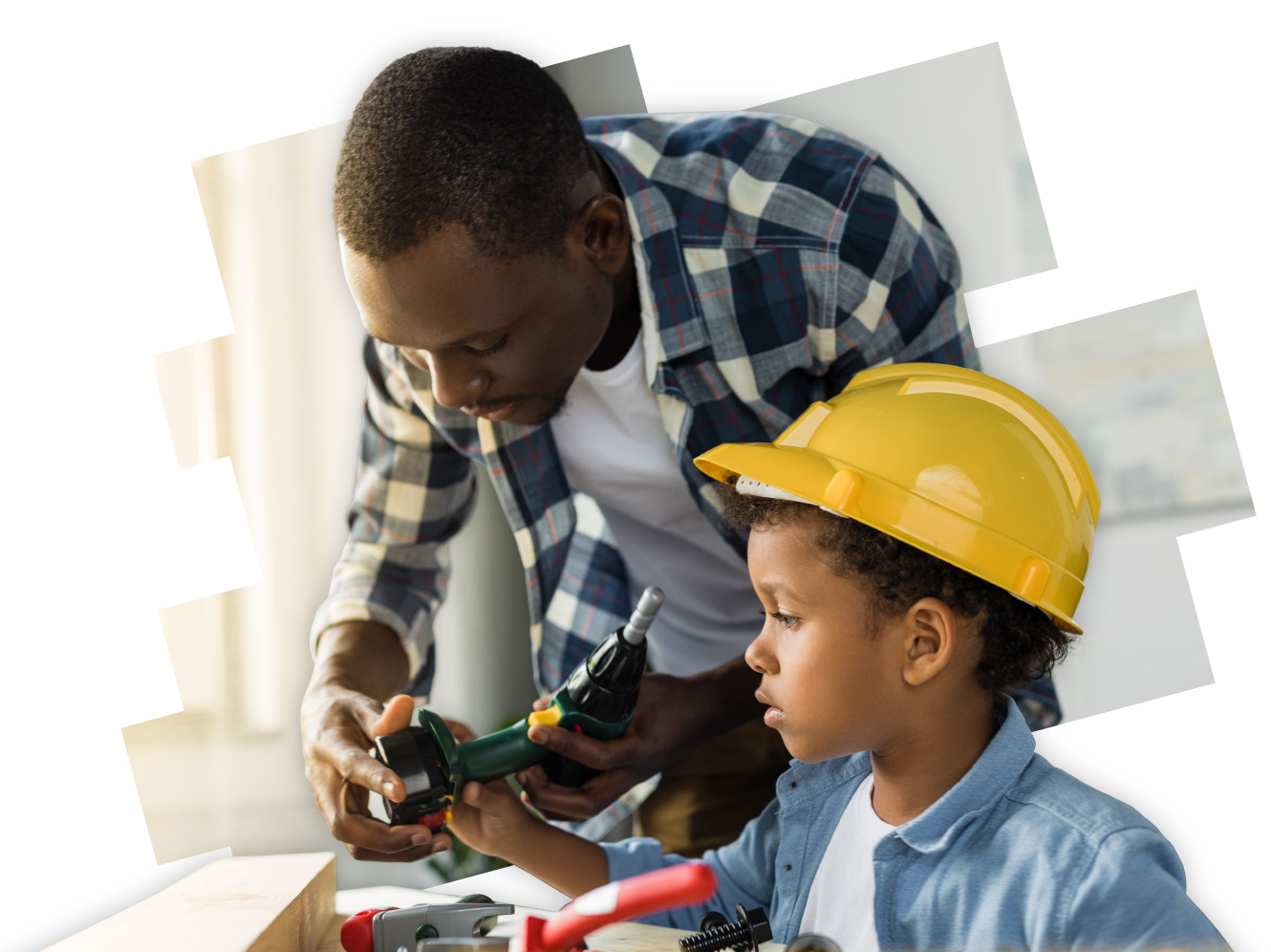 Man helping child with tools