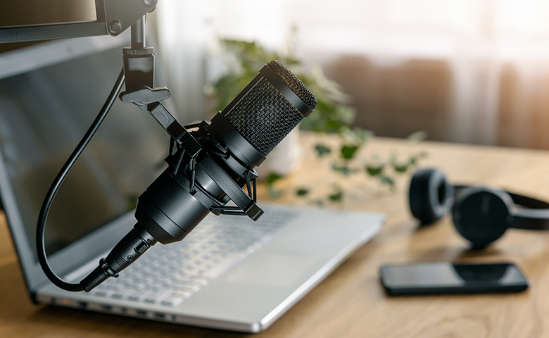 podcasting, online streaming, radio broadcasting. microphone closeup