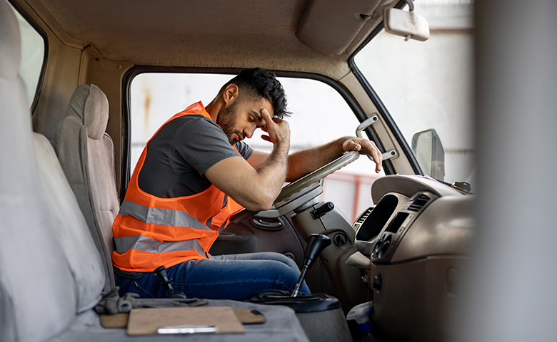 Tired truck driver having a headache after working extra hours