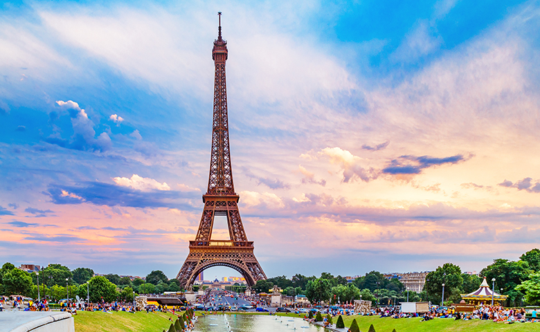 City scape with Eiffel tower and Trocadero park, Paris, France.