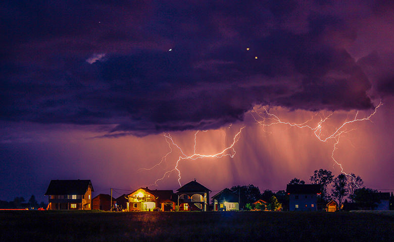 Thunder and lightning in a residential neighborhood