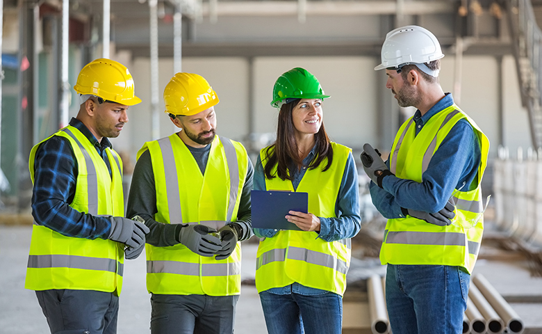 Workers at an indoor construction site sharing resources