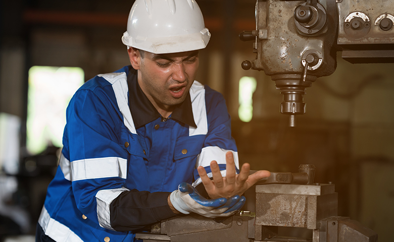 Factory male worker accident at his arms during working with lathe machine in industry factory
