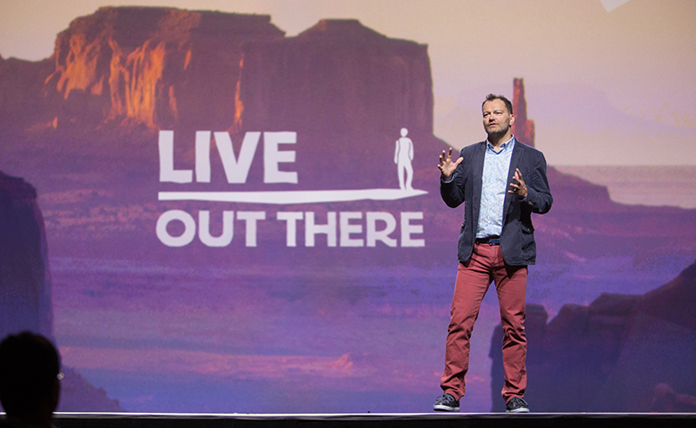 Jamie Clarke actively presenting a keynote