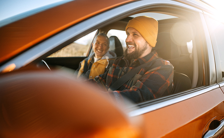 Couple driving in the spring