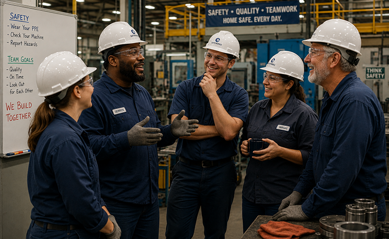 One worker teller his co-workers a story, manufacturing setting